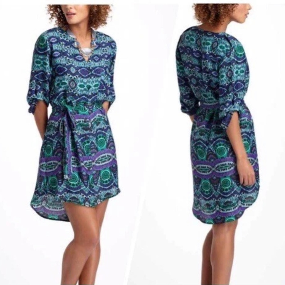 Anthropologie Maeve High-Low Green & Purple Boho Ikat Dress Size Large